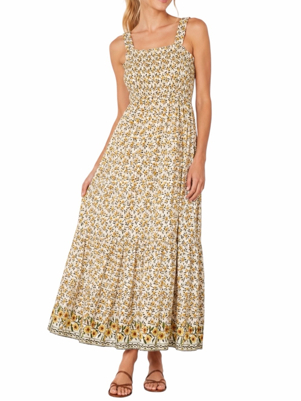 Max Studio Smocked Floral Full Length Floral Maxi Dress White Yellow Size S